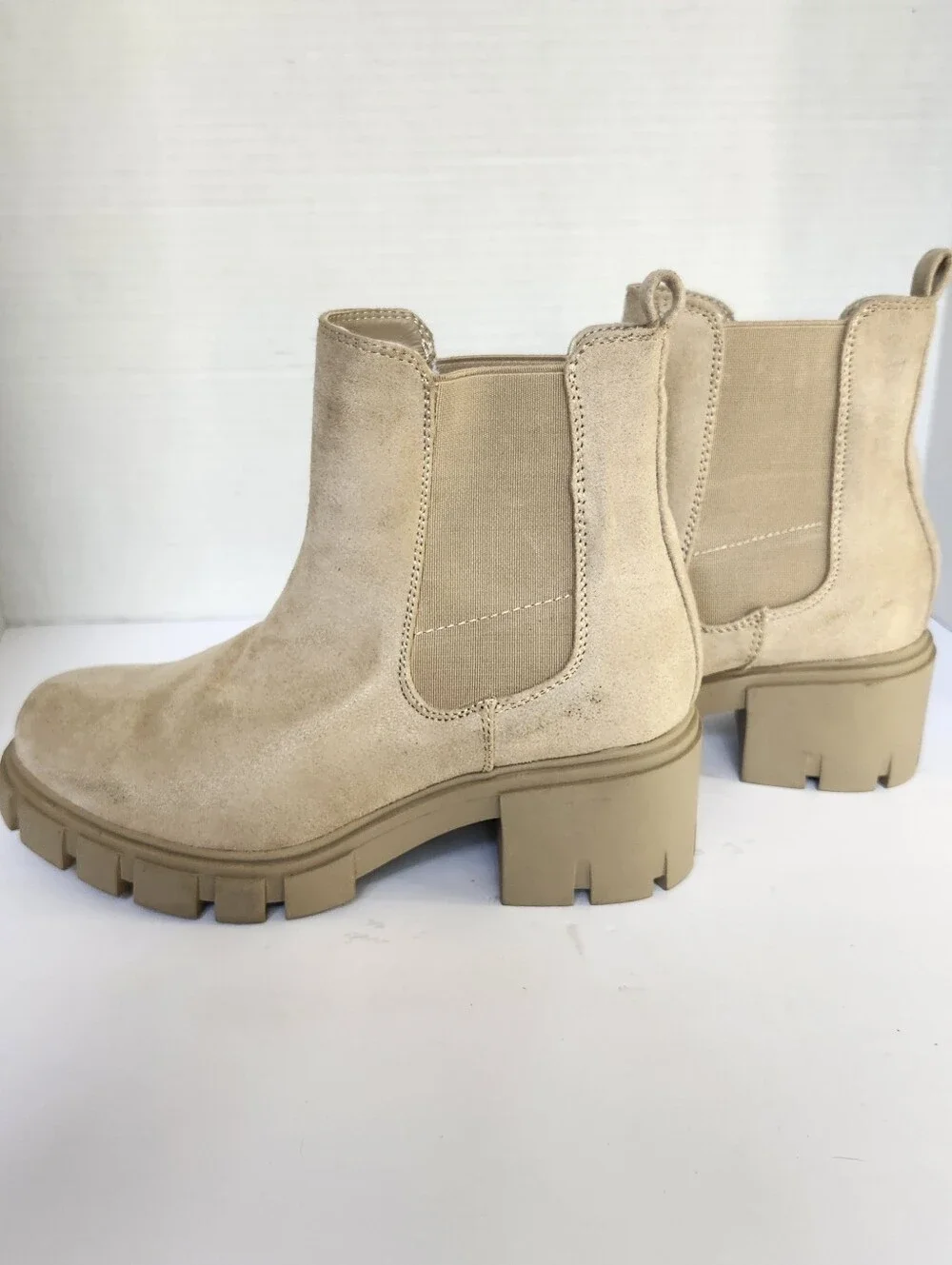 MADDEN GIRL Beige Suede Chelsea Lug Ankle Boots